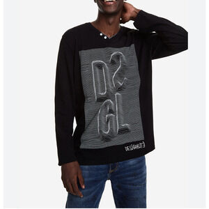 DESIGUAL‎ Mens Long Sleeve shirt T-shirt Henry Wavy Pattern Black ~ XXL